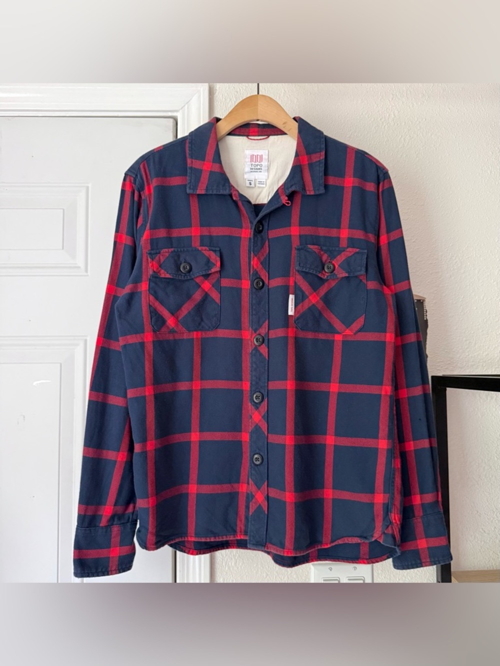 TOPO DESIGNS navy red plaid organic cotton long sleeve‎ button up shirt